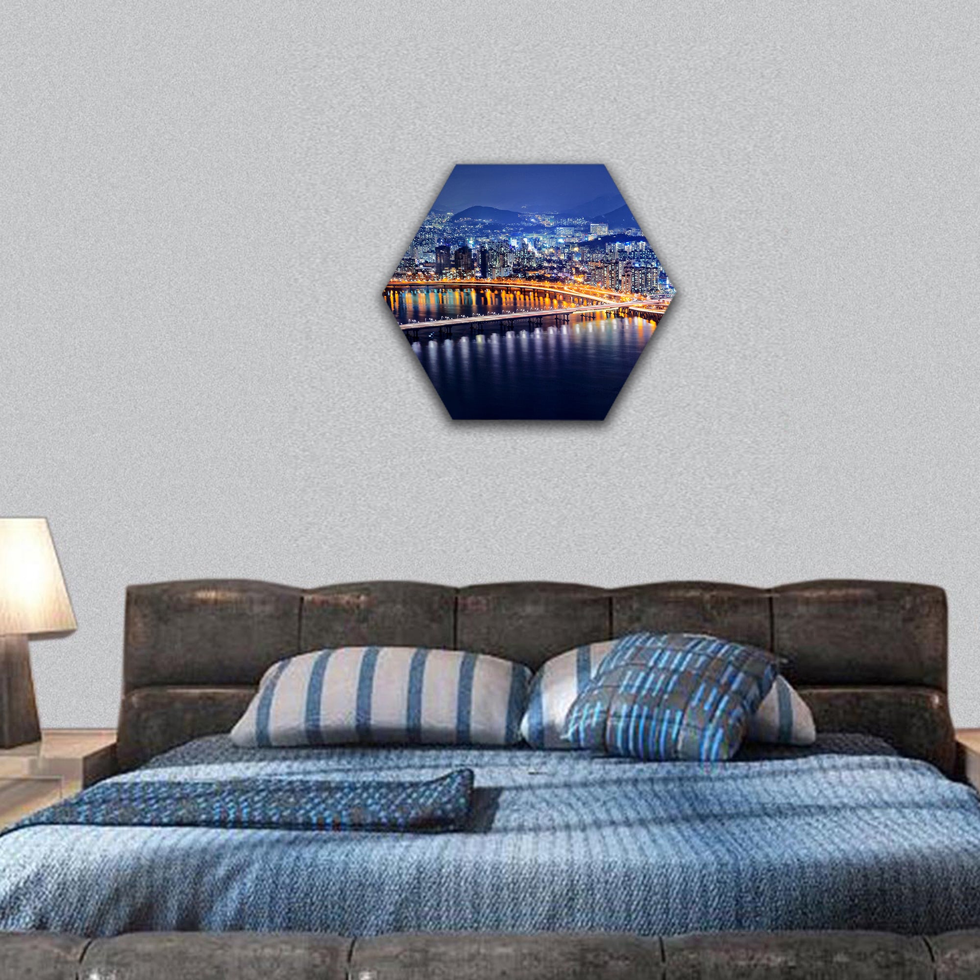 Seoul Tower and Downtown skyline at night, South Korea hexagonal canvas wall art