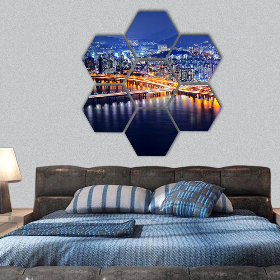 Seoul Tower and Downtown skyline at night, South Korea hexagonal canvas wall art