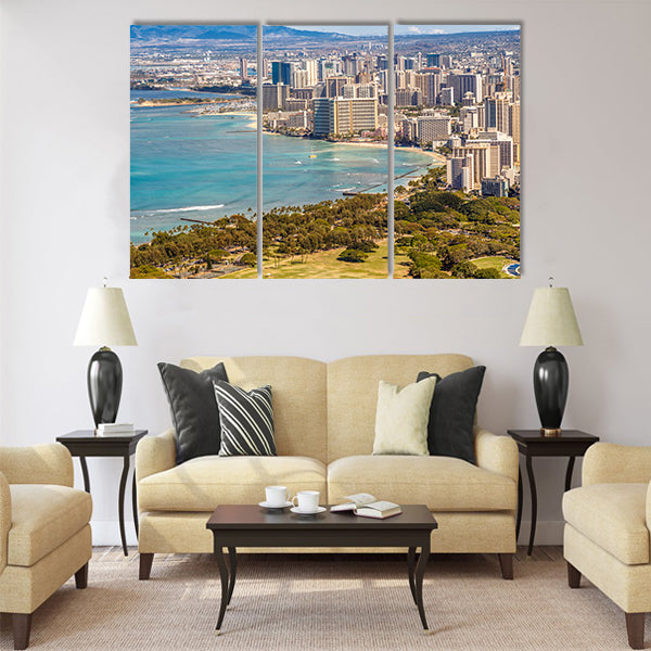 View of Waikiki Beach and Honolulu Skyline Multi panel canvas wall art