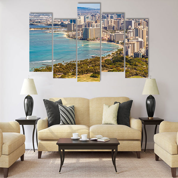 View of Waikiki Beach and Honolulu Skyline Multi panel canvas wall art