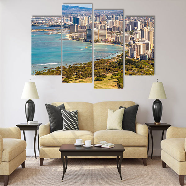 View of Waikiki Beach Skyline from Diamond Head Multi Panel Canvas Wall Art