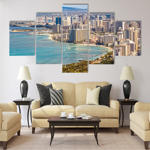 View of Waikiki Beach Skyline from Diamond Head Multi Panel Canvas Wall Art