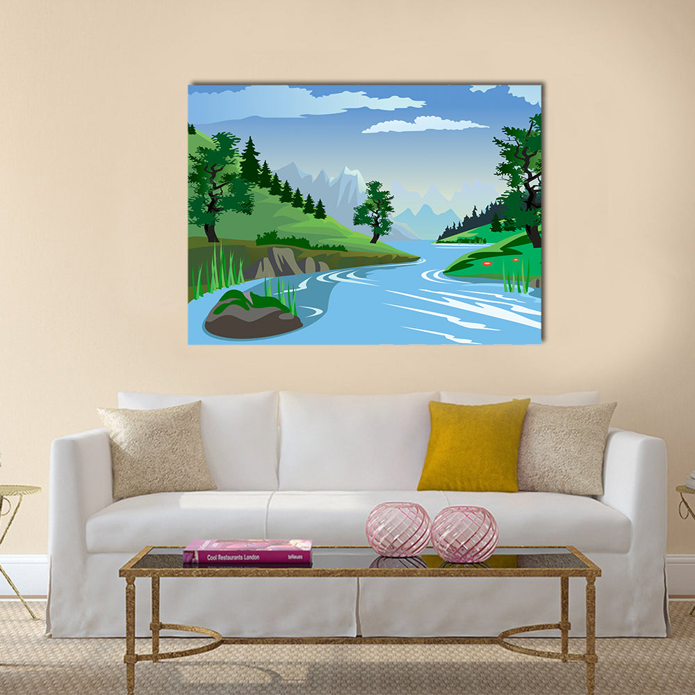 A beautiful view of a quiet river flowing through a valley multi panel canvas wall art