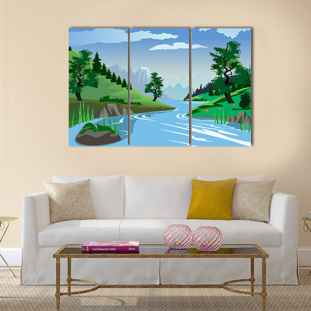 A beautiful view of a quiet river flowing through a valley multi panel canvas wall art