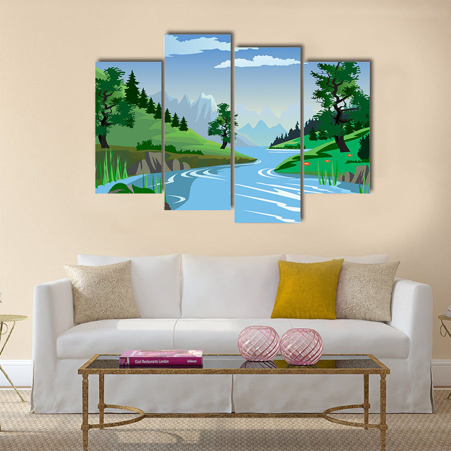 A beautiful view of a quiet river flowing through a valley multi panel canvas wall art