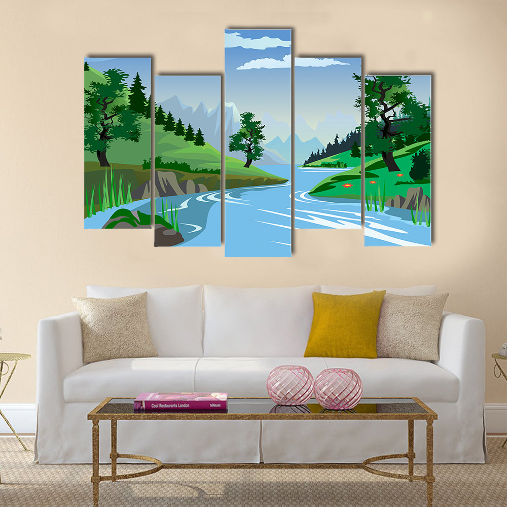 A beautiful view of a quiet river flowing through a valley multi panel canvas wall art