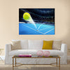 Flying tennis ball on a blue court Multi panel canvas wall art