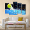 Flying tennis ball on a blue court Multi panel canvas wall art