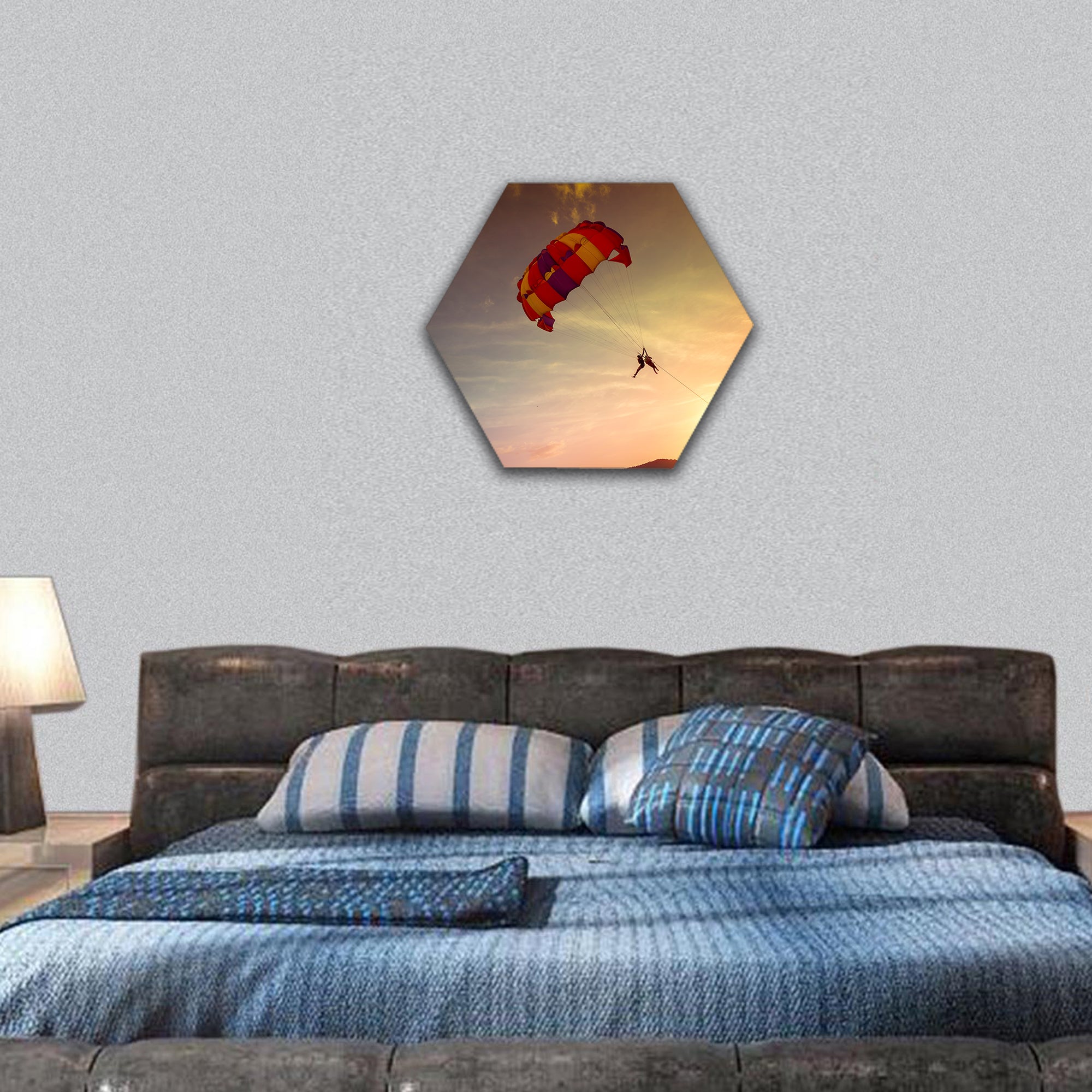 Paragliders at sunset, adventure in Malaysia; Langkawi Island hexagonal canvas wall art