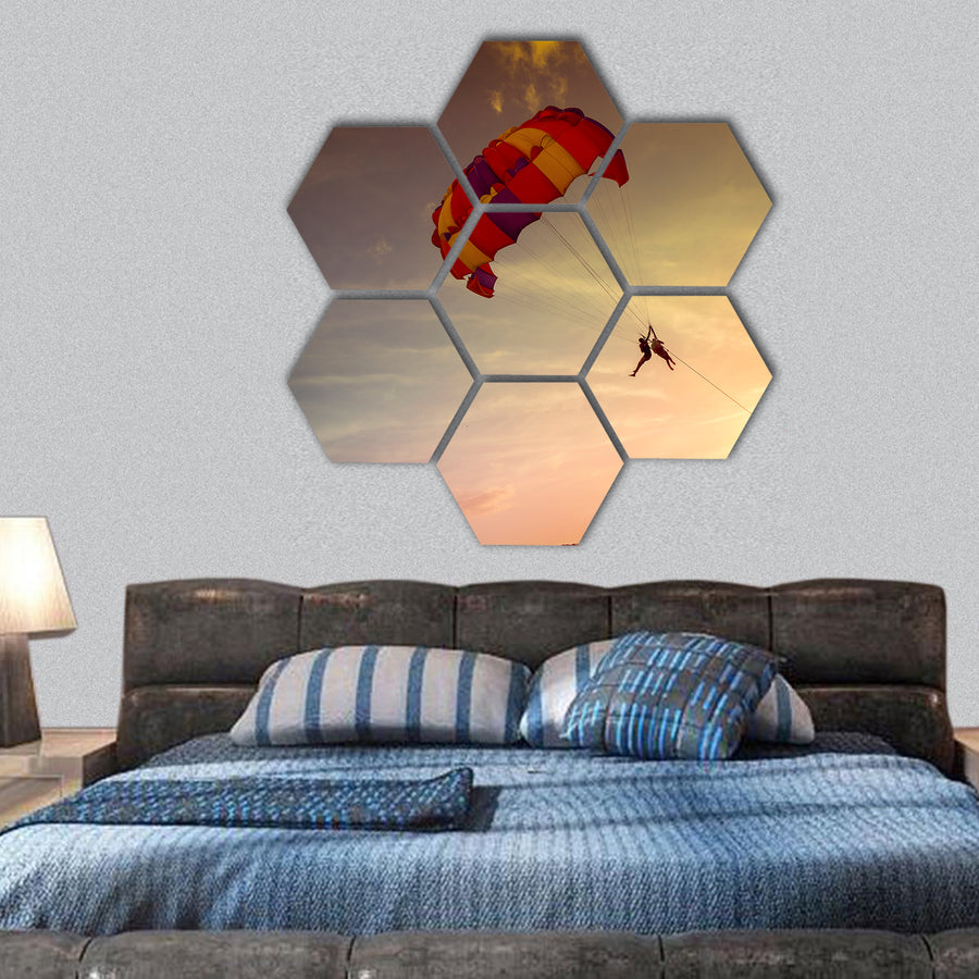 Paragliders at sunset, adventure in Malaysia; Langkawi Island hexagonal canvas wall art