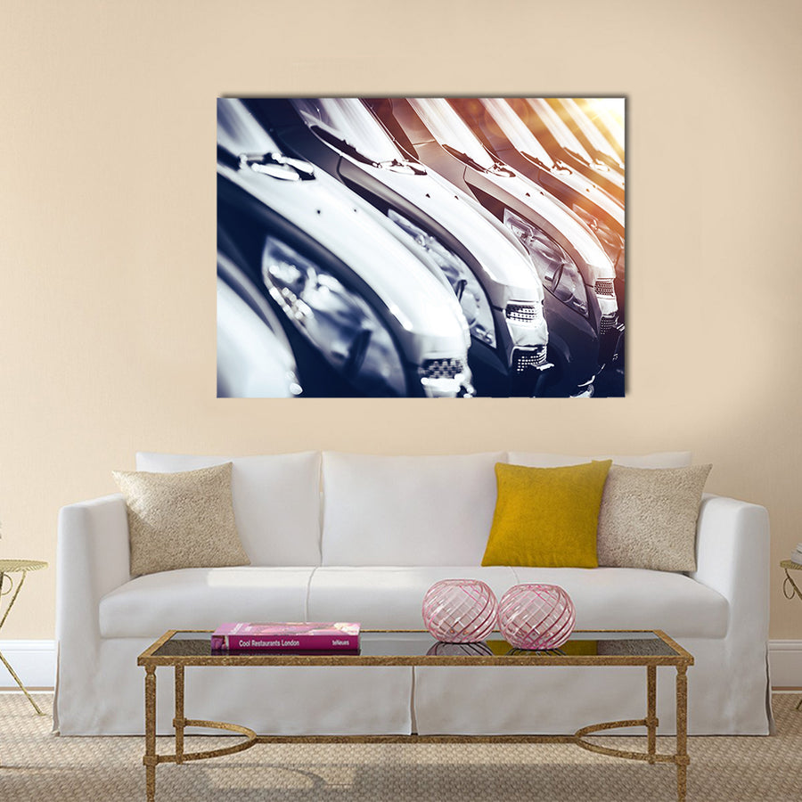 Cars in Stock Closeup. Row of Brand New Cars For Sale. New Cars Industry Multi panel canvas wall art