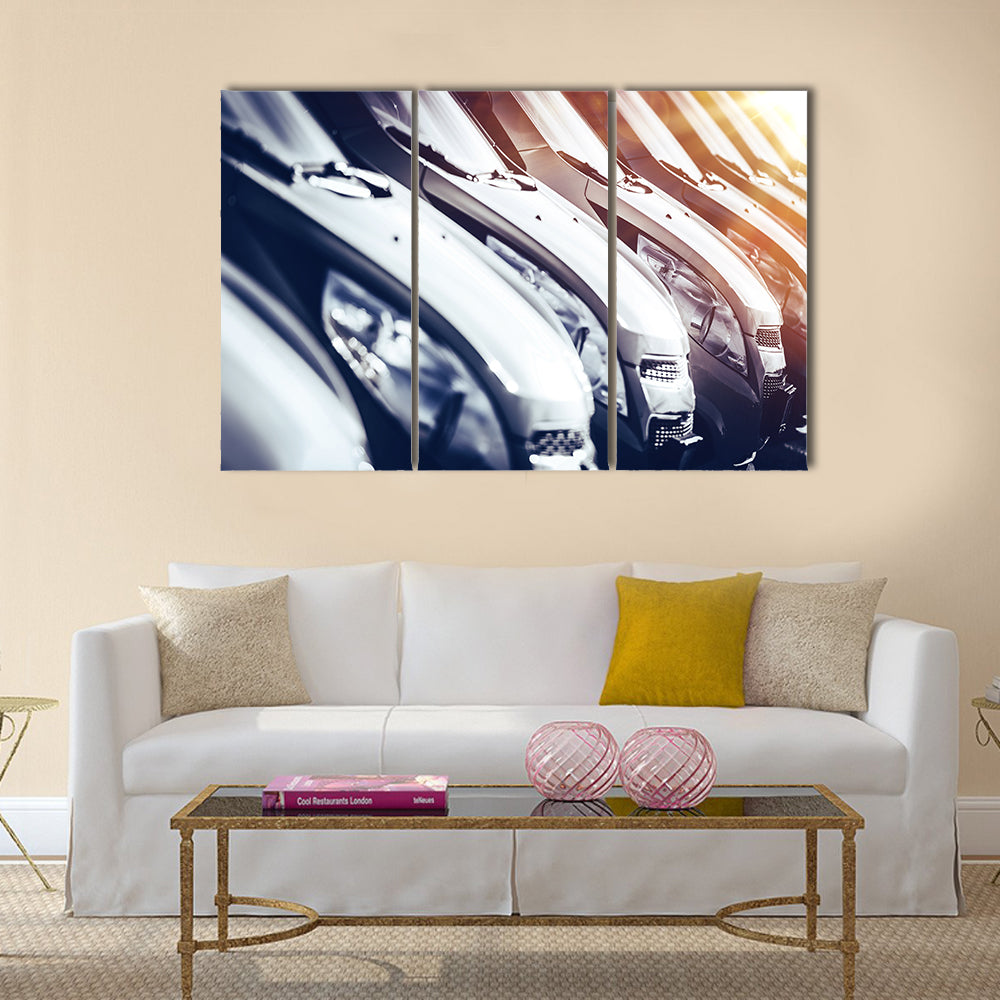 Cars in Stock Closeup. Row of Brand New Cars For Sale. New Cars Industry Multi panel canvas wall art