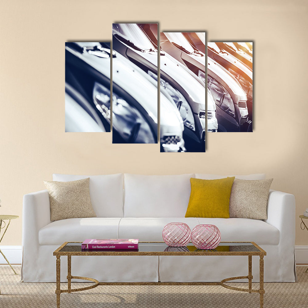 Cars in Stock Closeup. Row of Brand New Cars For Sale. New Cars Industry Multi panel canvas wall art