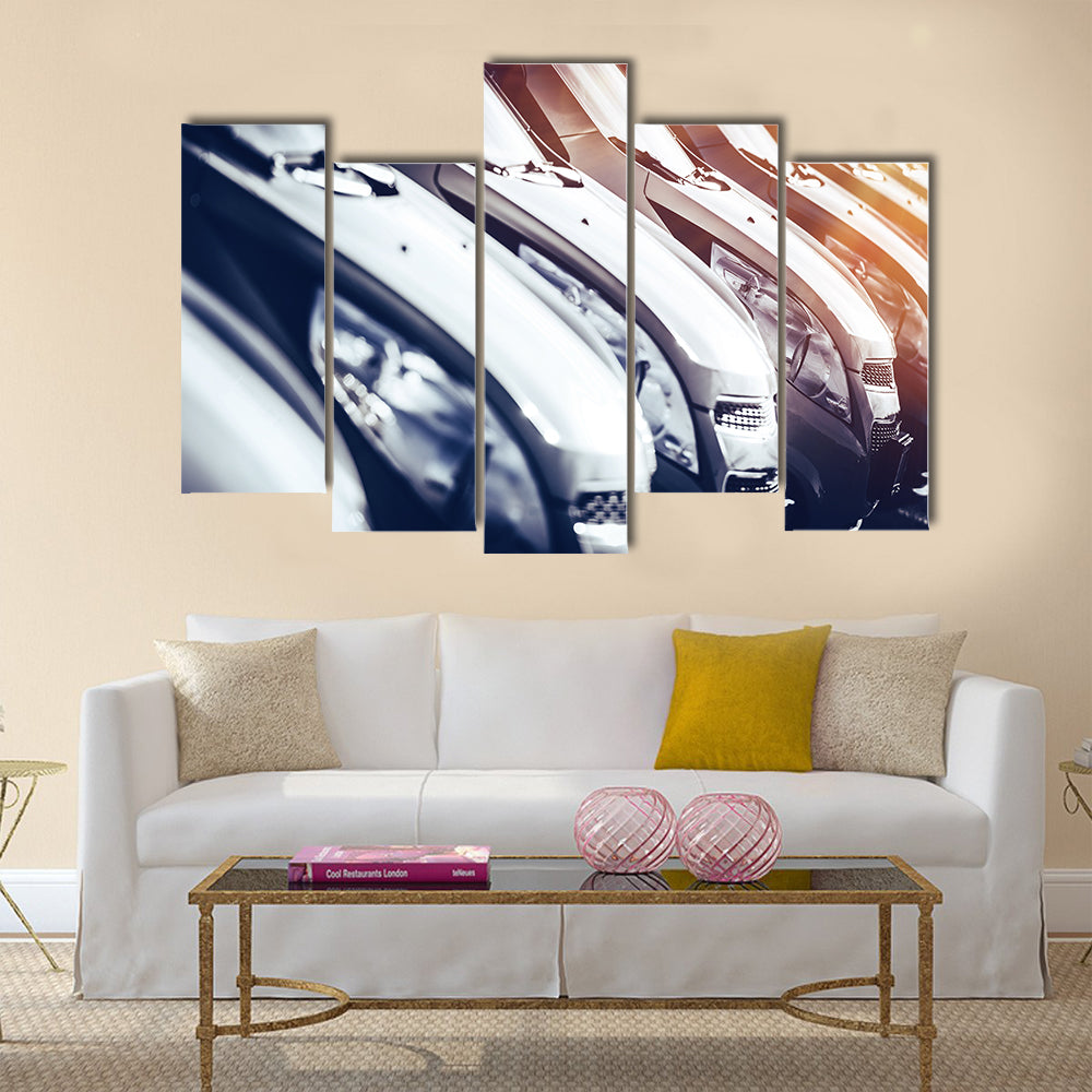 Cars in Stock Closeup. Row of Brand New Cars For Sale. New Cars Industry Multi panel canvas wall art