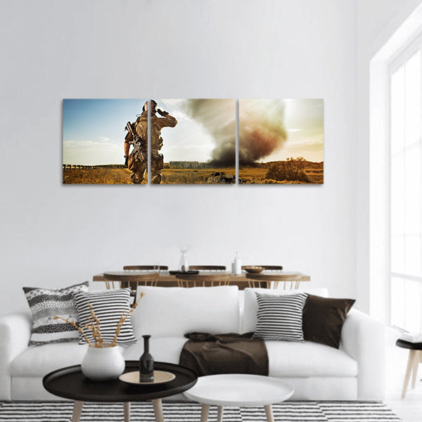 Soldier with the rifle is looking at the smoke under the city panoramic canvas wall art