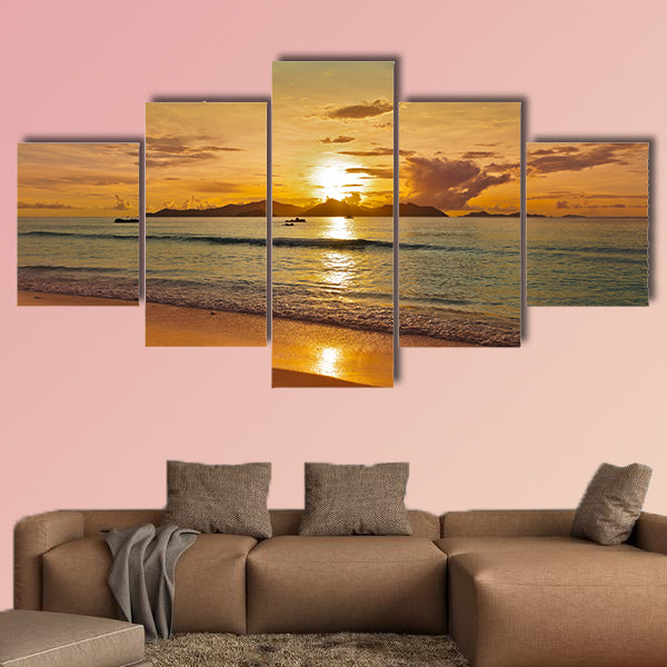 Sunset on tropical beach - Seychelles - nature background Multi panel canvas wall art