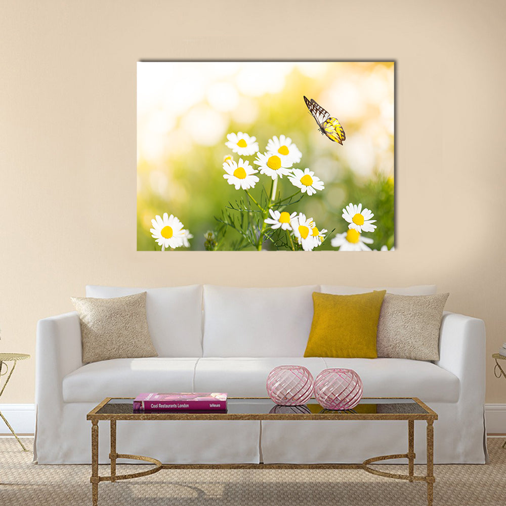Butterfly on white daisy flowers Multi Panel Canvas Wall Art