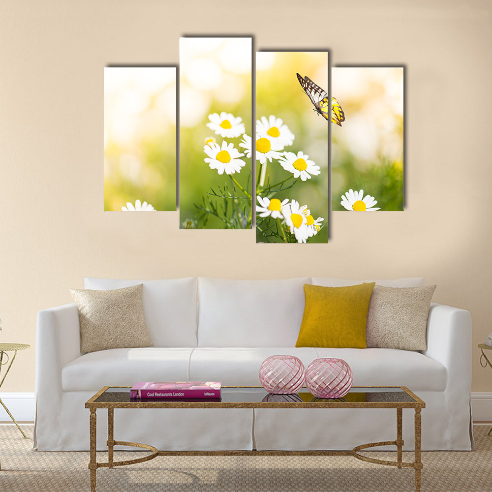 Butterfly on white daisy flowers Multi Panel Canvas Wall Art
