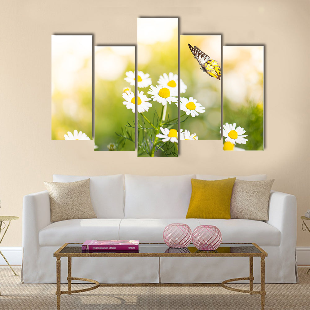 Butterfly on white daisy flowers Multi Panel Canvas Wall Art