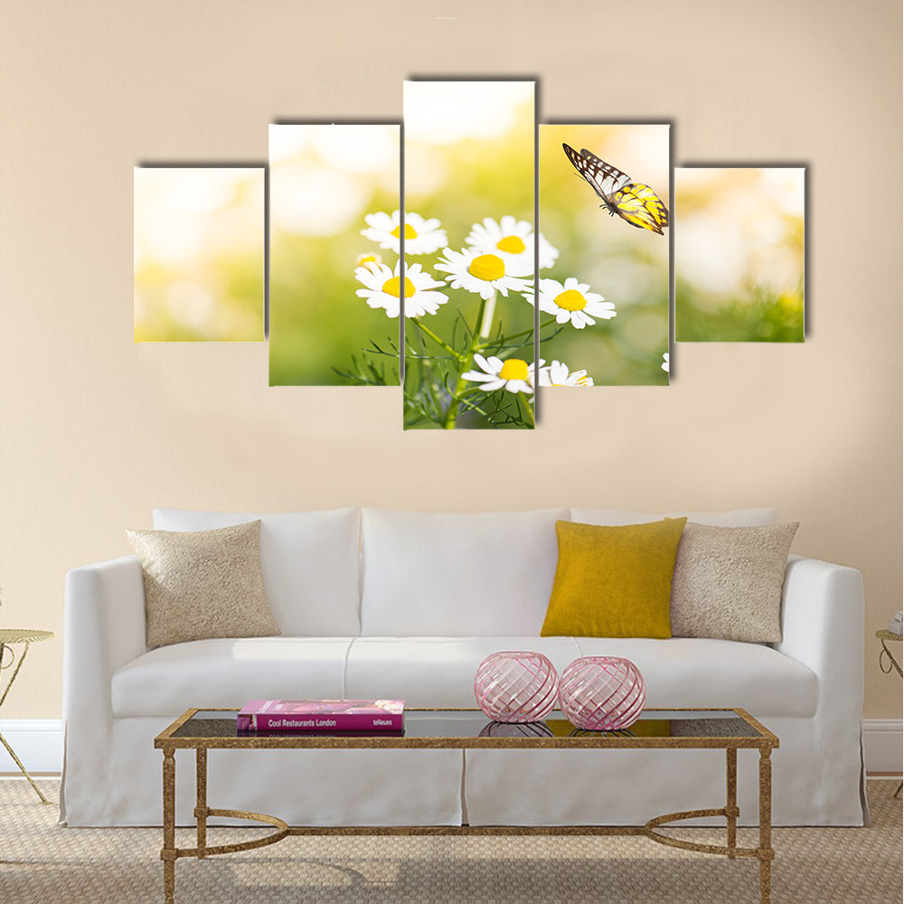 Butterfly on white daisy flowers Multi Panel Canvas Wall Art