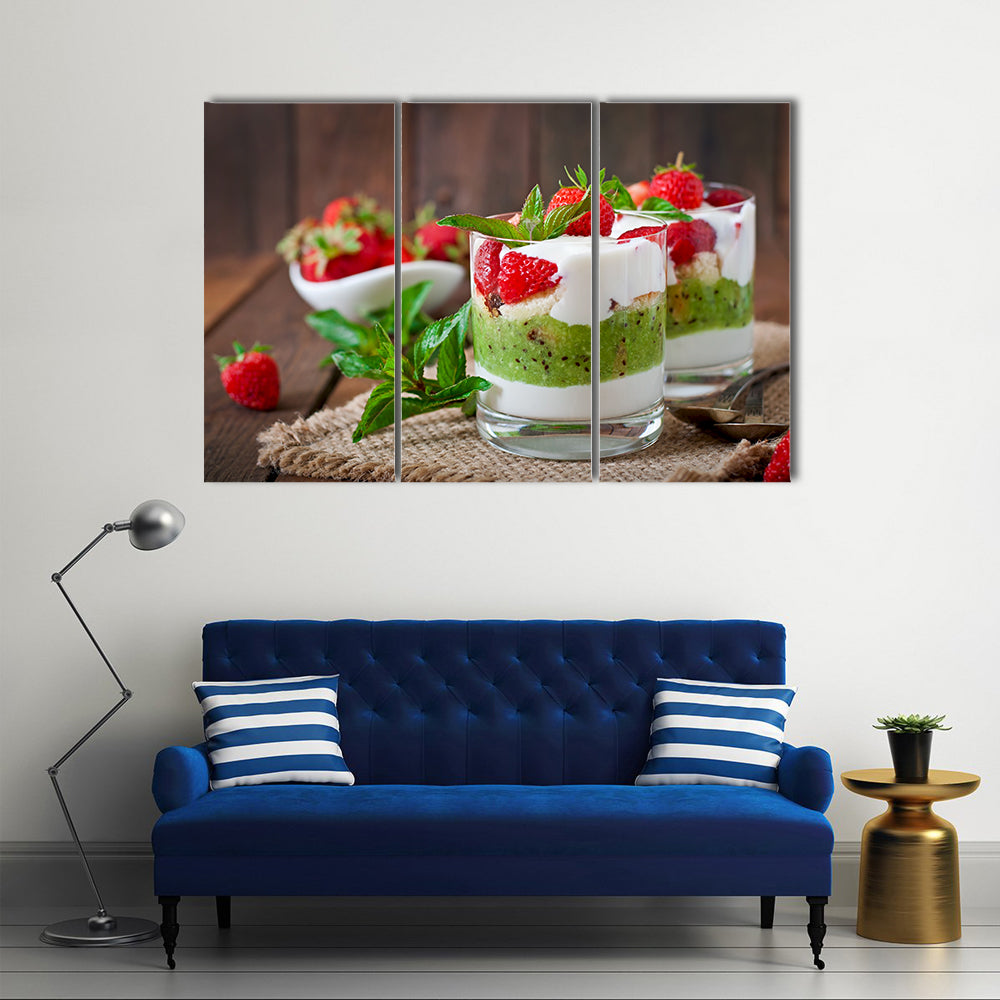 Creamy dessert with strawberries and kiwi Multi panel canvas wall art