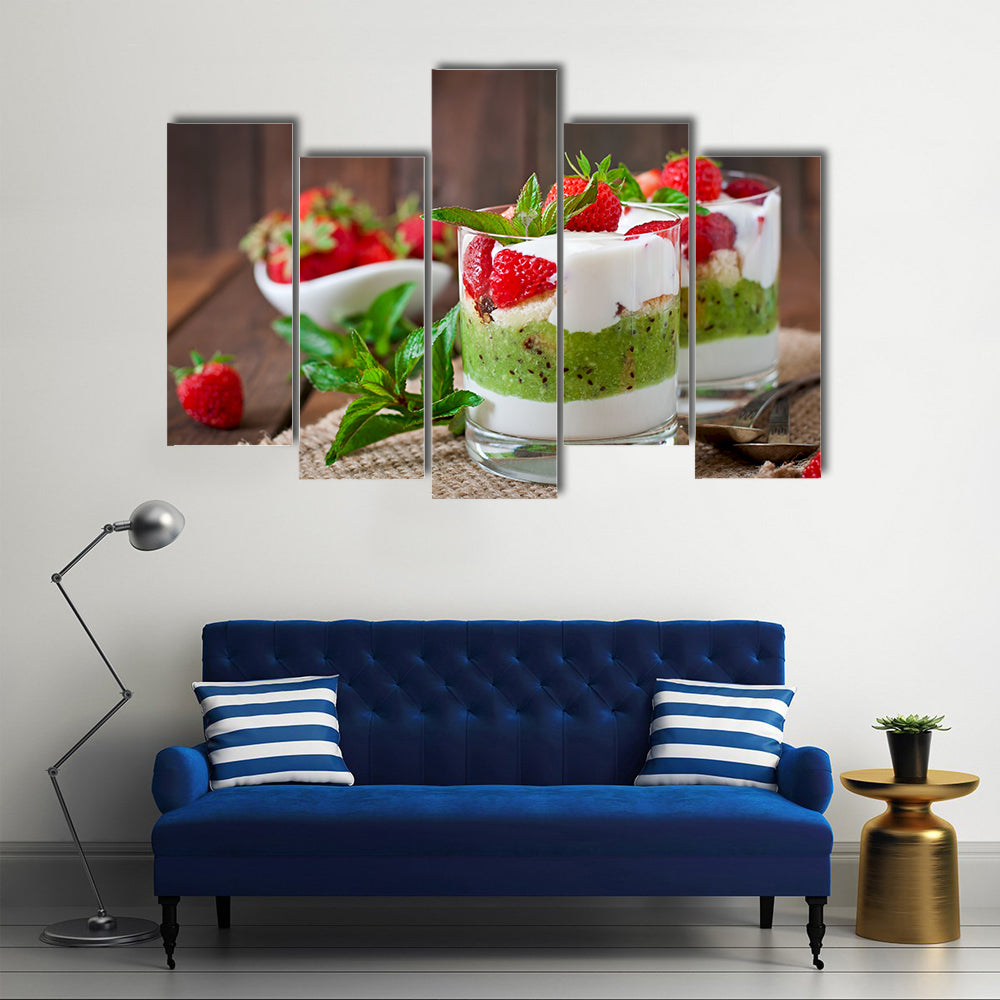 Creamy dessert with strawberries and kiwi Multi panel canvas wall art