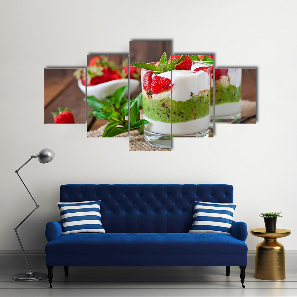 Creamy dessert with strawberries and kiwi Multi panel canvas wall art