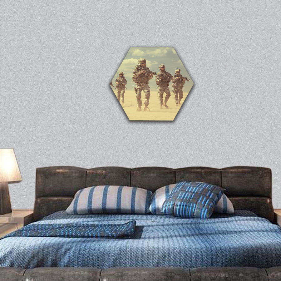 US paratroopers airborne infantrymen in action in the desert hexagonal canvas wall art