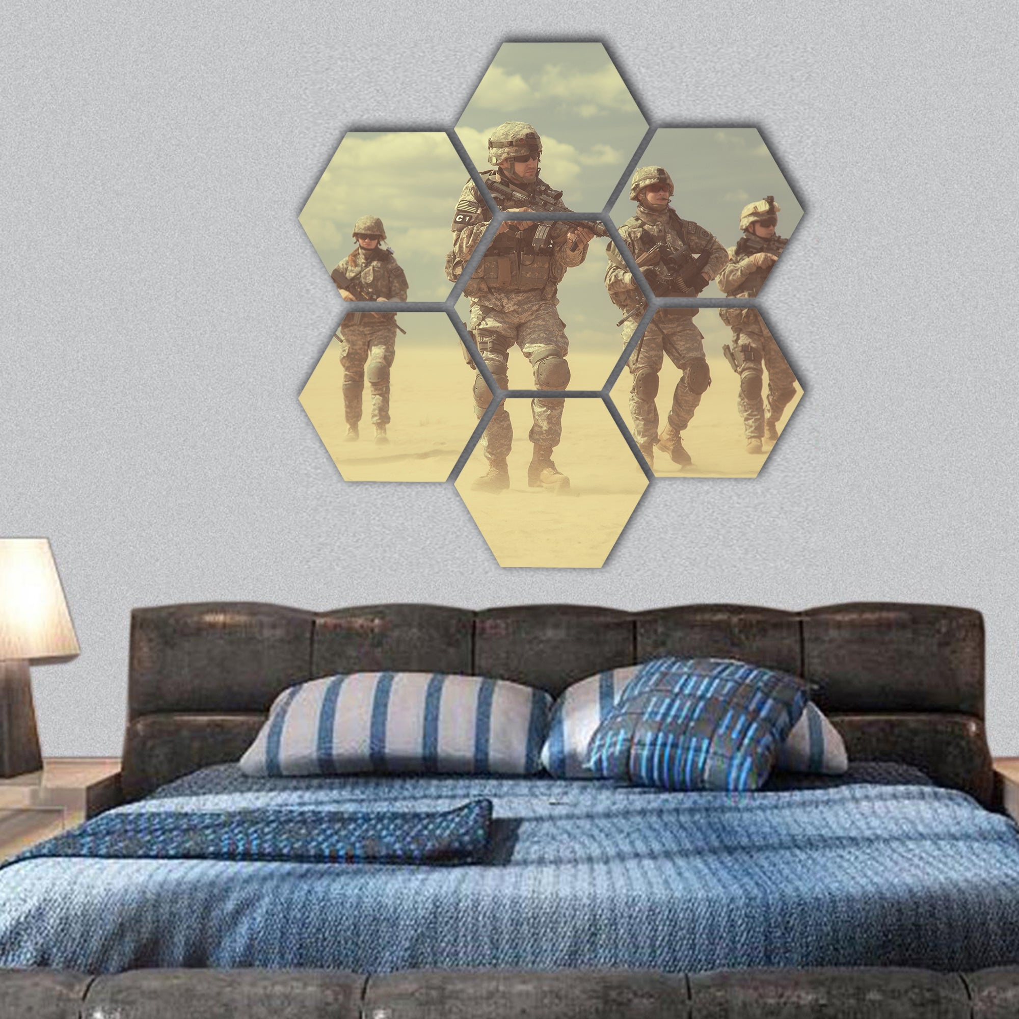 US paratroopers airborne infantrymen in action in the desert hexagonal canvas wall art