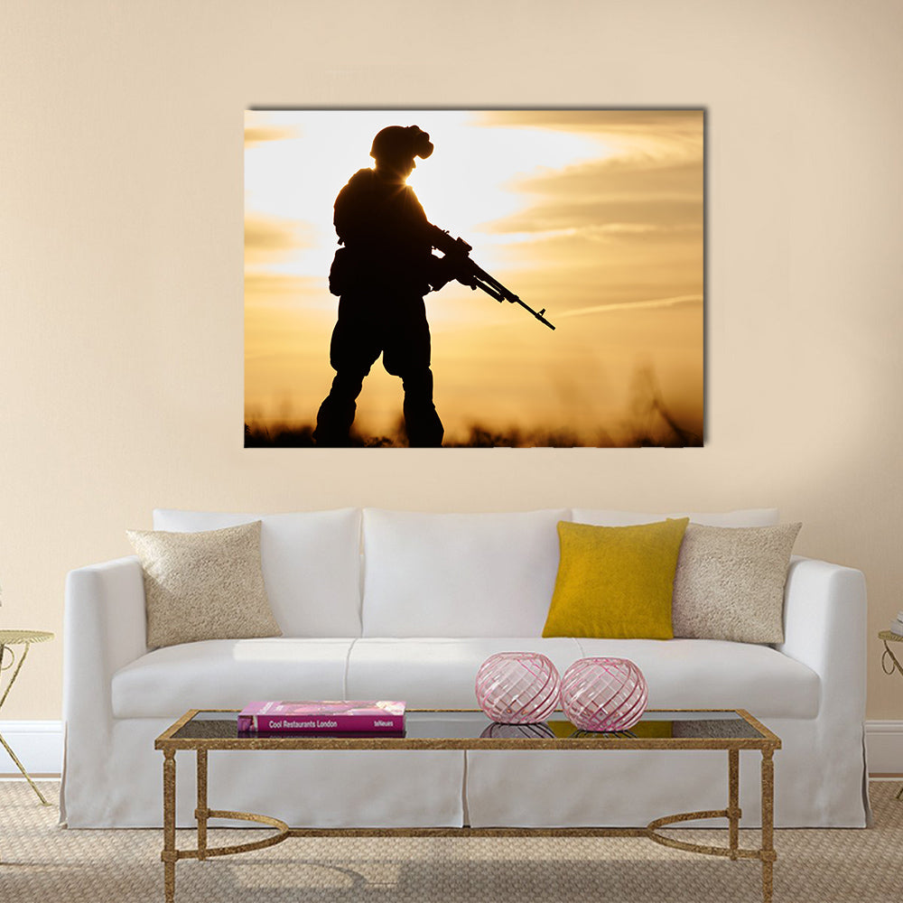 Military soldier silhouette in uniform with machine gun multi panel canvas wall art