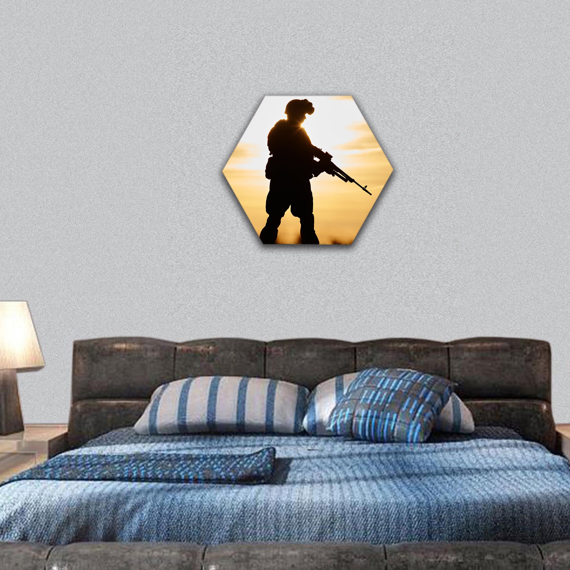 soldier silhouette in uniform with machine gun hexagonal canvas wall art