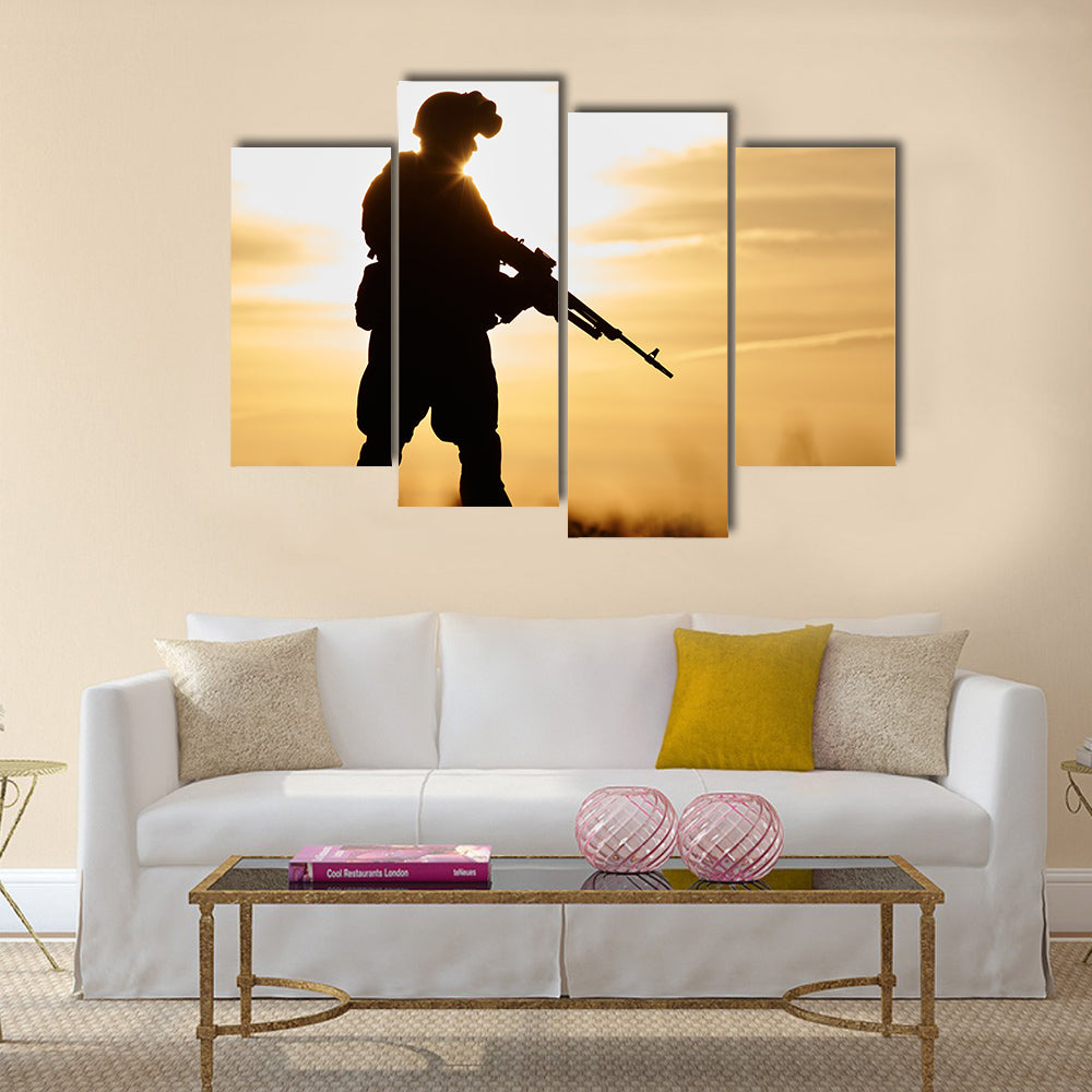 Military soldier silhouette in uniform with machine gun multi panel canvas wall art