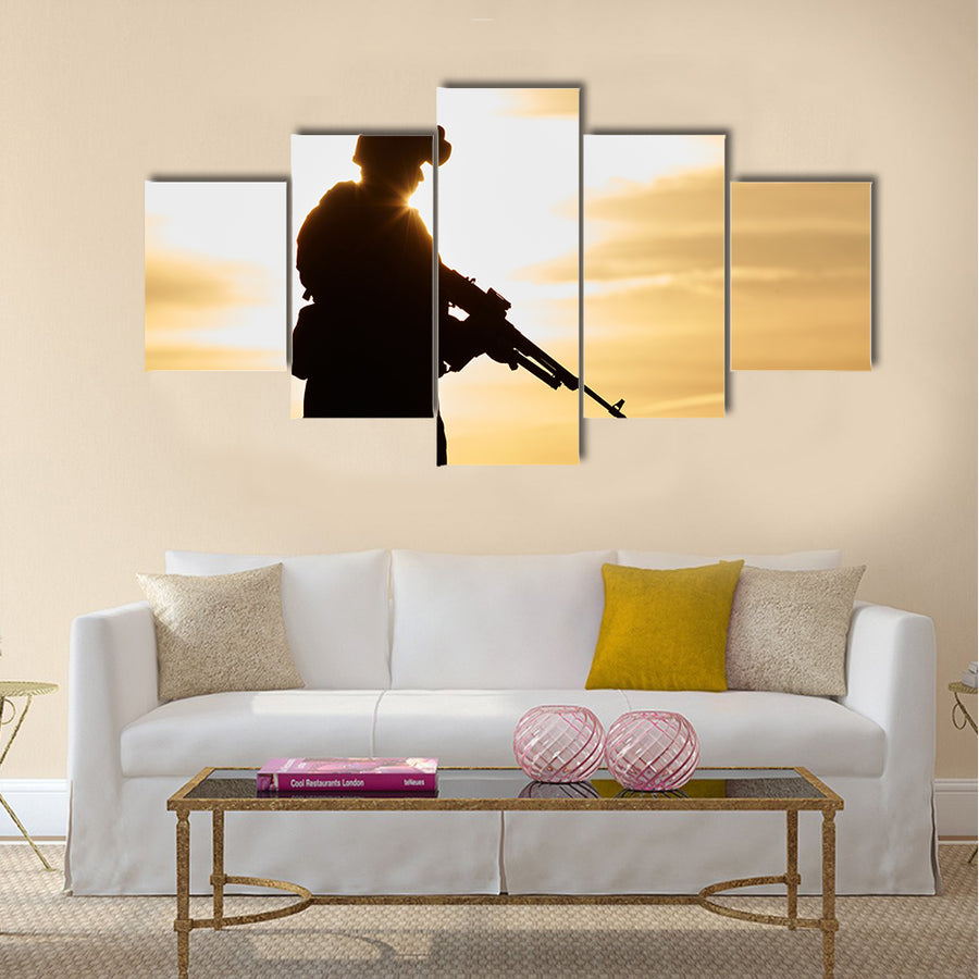 Military soldier silhouette in uniform with machine gun multi panel canvas wall art