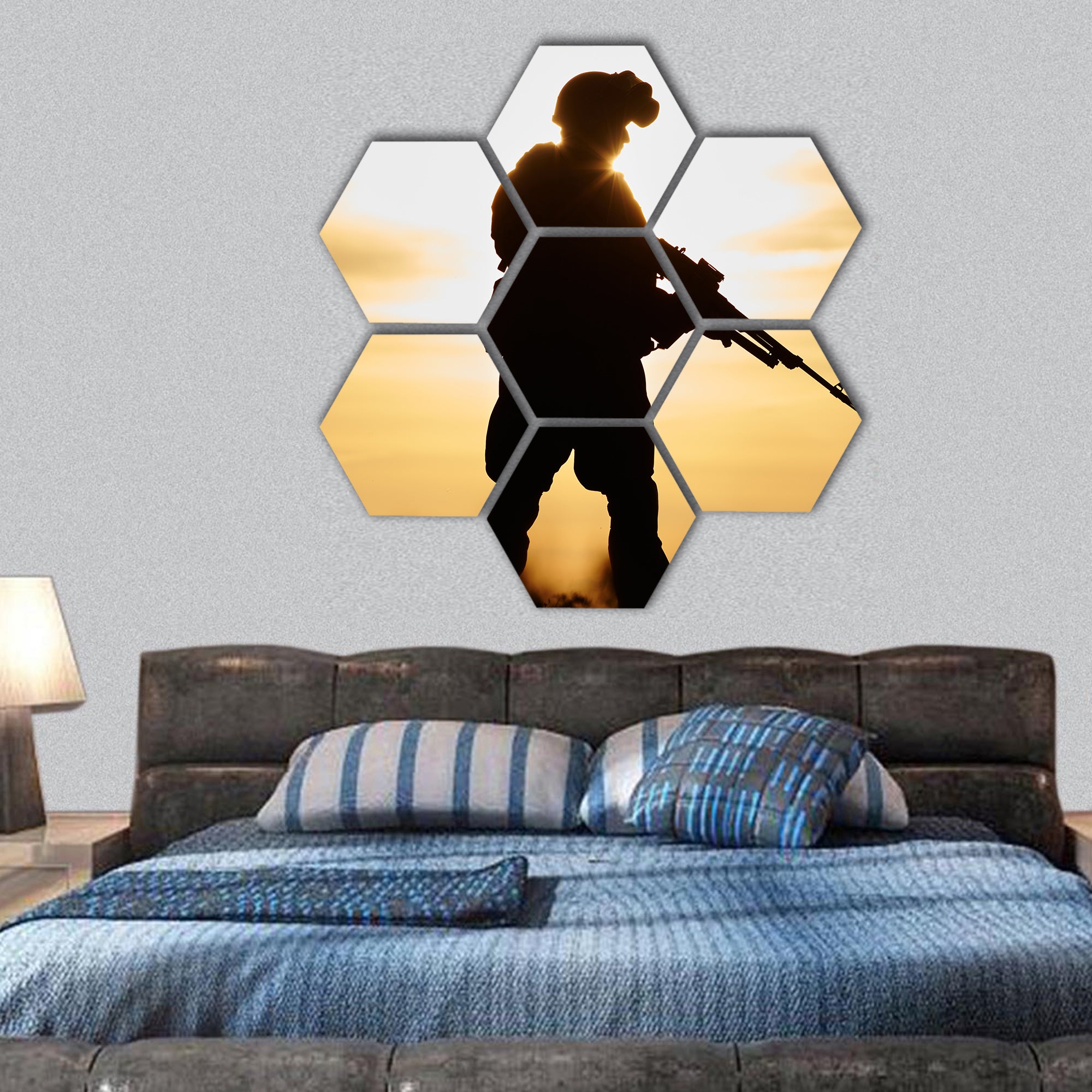 soldier silhouette in uniform with machine gun hexagonal canvas wall art
