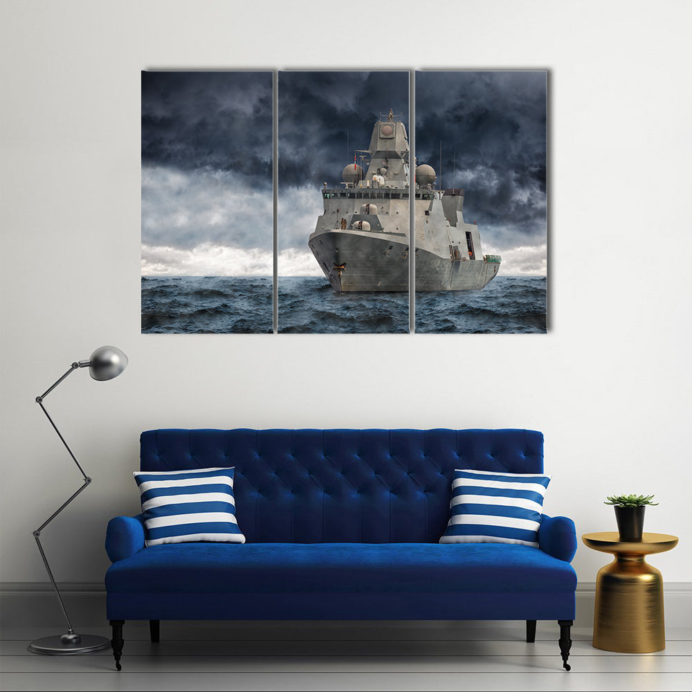 A Military Ship Against Winds And Clouds Multi Panel Canvas Wall Art