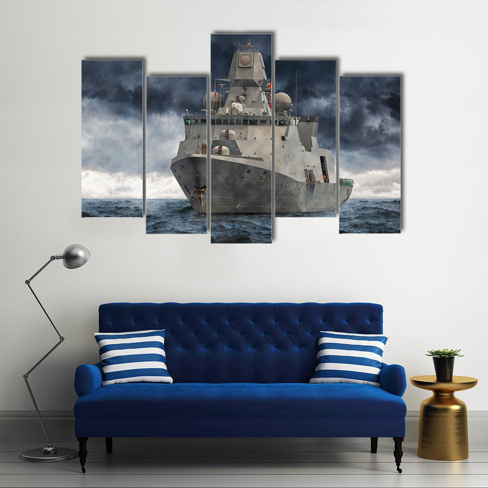 A Military Ship Against Winds And Clouds Multi Panel Canvas Wall Art