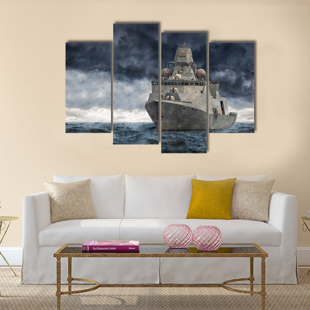 The military ship on sea against heavy clouds Multi Panel Canvas Wall Art
