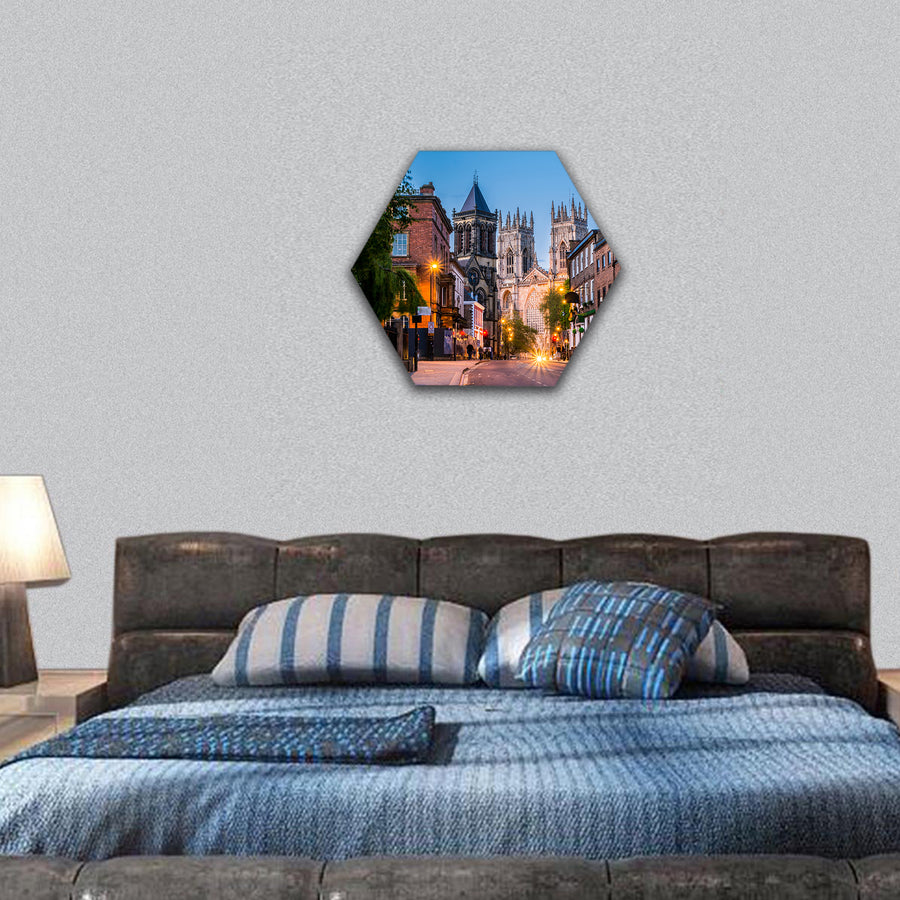 York evening cityscape from street with York Minister hexagonal canvas wall art