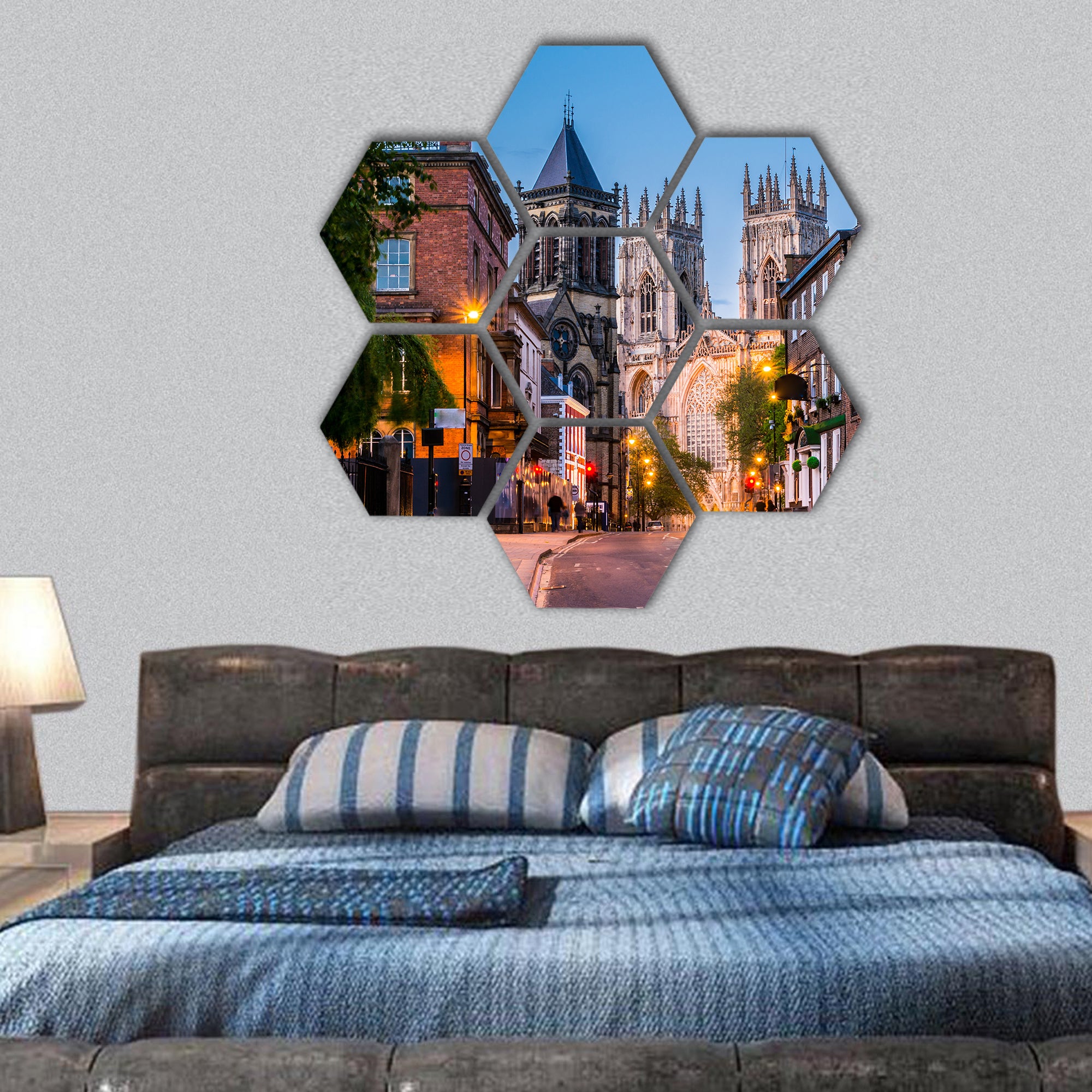 York evening cityscape from street with York Minister hexagonal canvas wall art