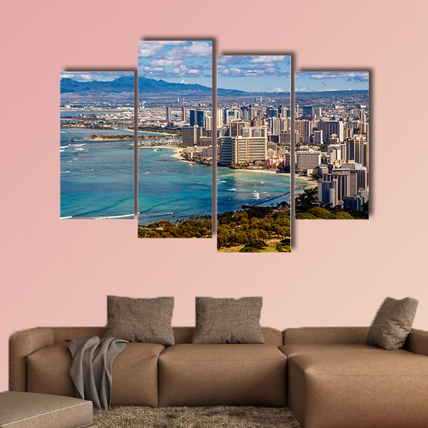 View of Waikiki Beach and Honolulu Skyline from Diamond Head Multi panel canvas wall art