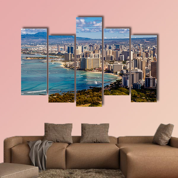 View of Waikiki Beach and Honolulu Skyline from Diamond Head Multi panel canvas wall art