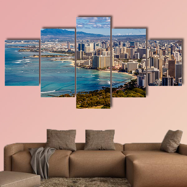 View of Waikiki Beach and Honolulu Skyline from Diamond Head Multi panel canvas wall art