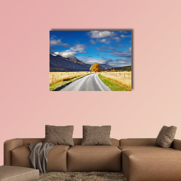 Mountain landscape with road and blue sky, Otago, New Zealand Multi panel canvas wall art