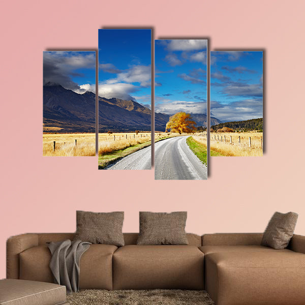 Mountain landscape with road and blue sky, Otago, New Zealand Multi panel canvas wall art