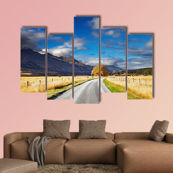 Mountain landscape with road and blue sky, Otago, New Zealand Multi panel canvas wall art