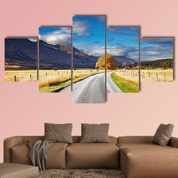 Mountain landscape with road and blue sky, Otago, New Zealand Multi panel canvas wall art