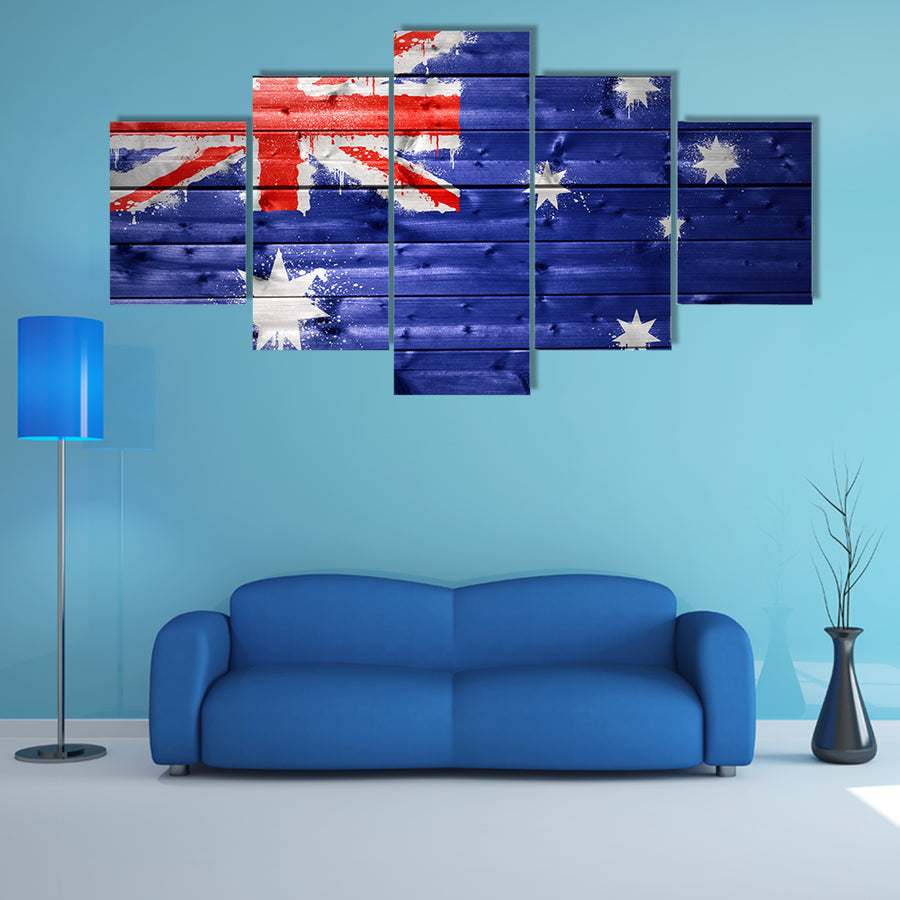 Colorful painted Australian flag on a wooden texture Multi panel canvas wall art