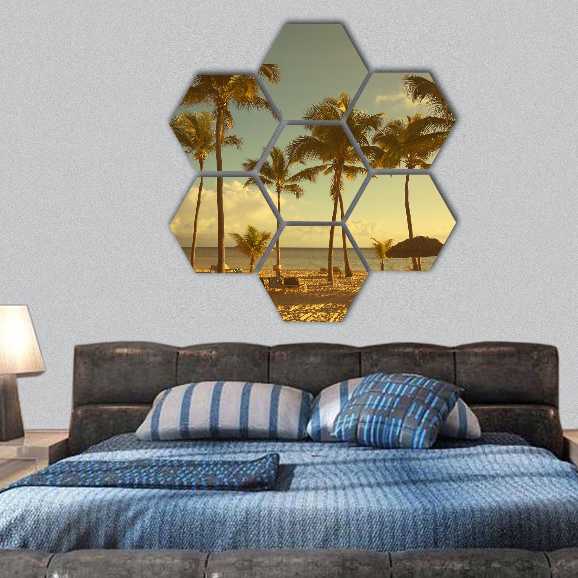 Art beautiful retro seaside view background hexagonal canvas wall art