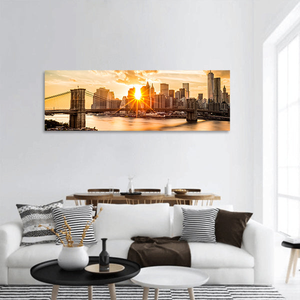 Brooklyn Bridge and the Lower Manhattan skyline at sunset panoramic canvas wall art