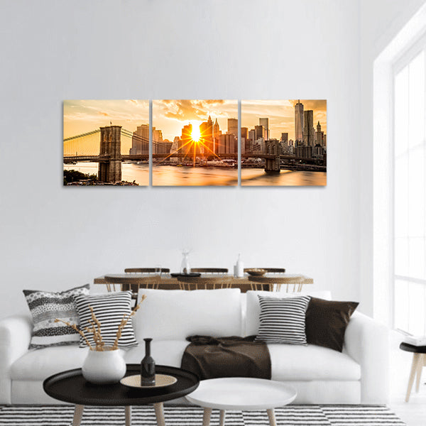Brooklyn Bridge and the Lower Manhattan skyline at sunset panoramic canvas wall art